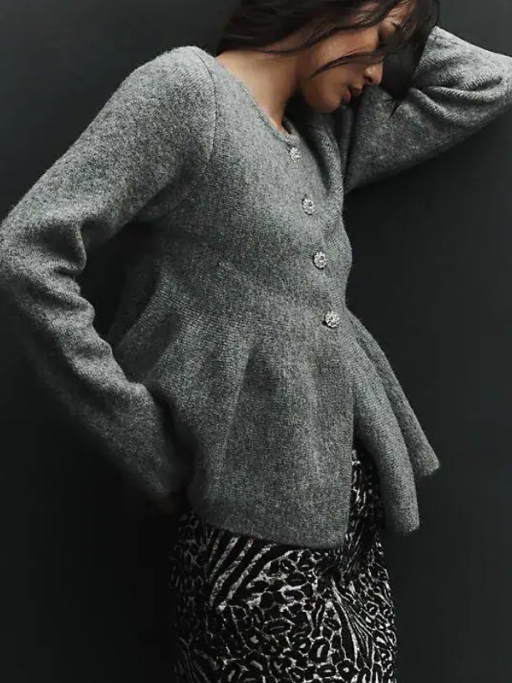 Anthropology Maeve Flower-Button Peplum Cardigan Sweater. Gray. Large.